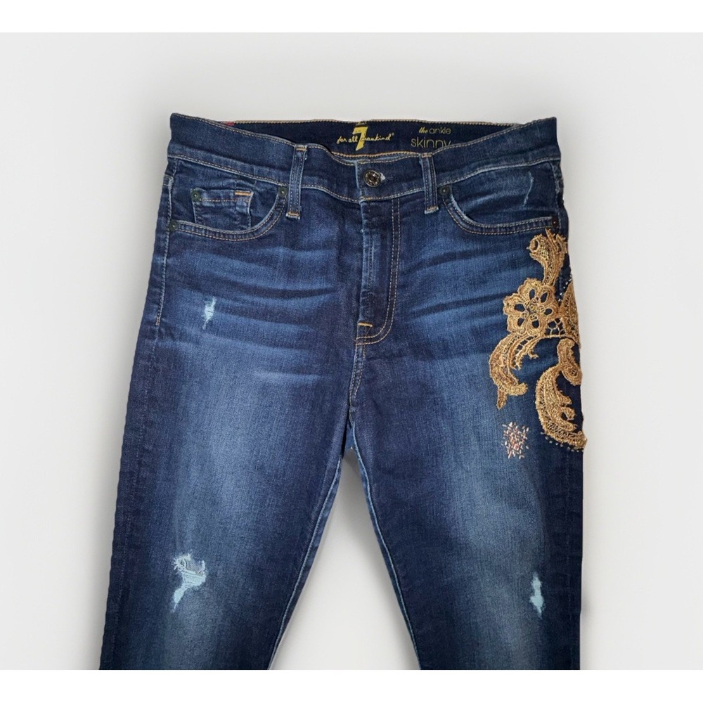 7 for All Mankind The Ankle Skinny Distressed Jeans Step Hem Size 28 Embellished - Picture 2 of 8